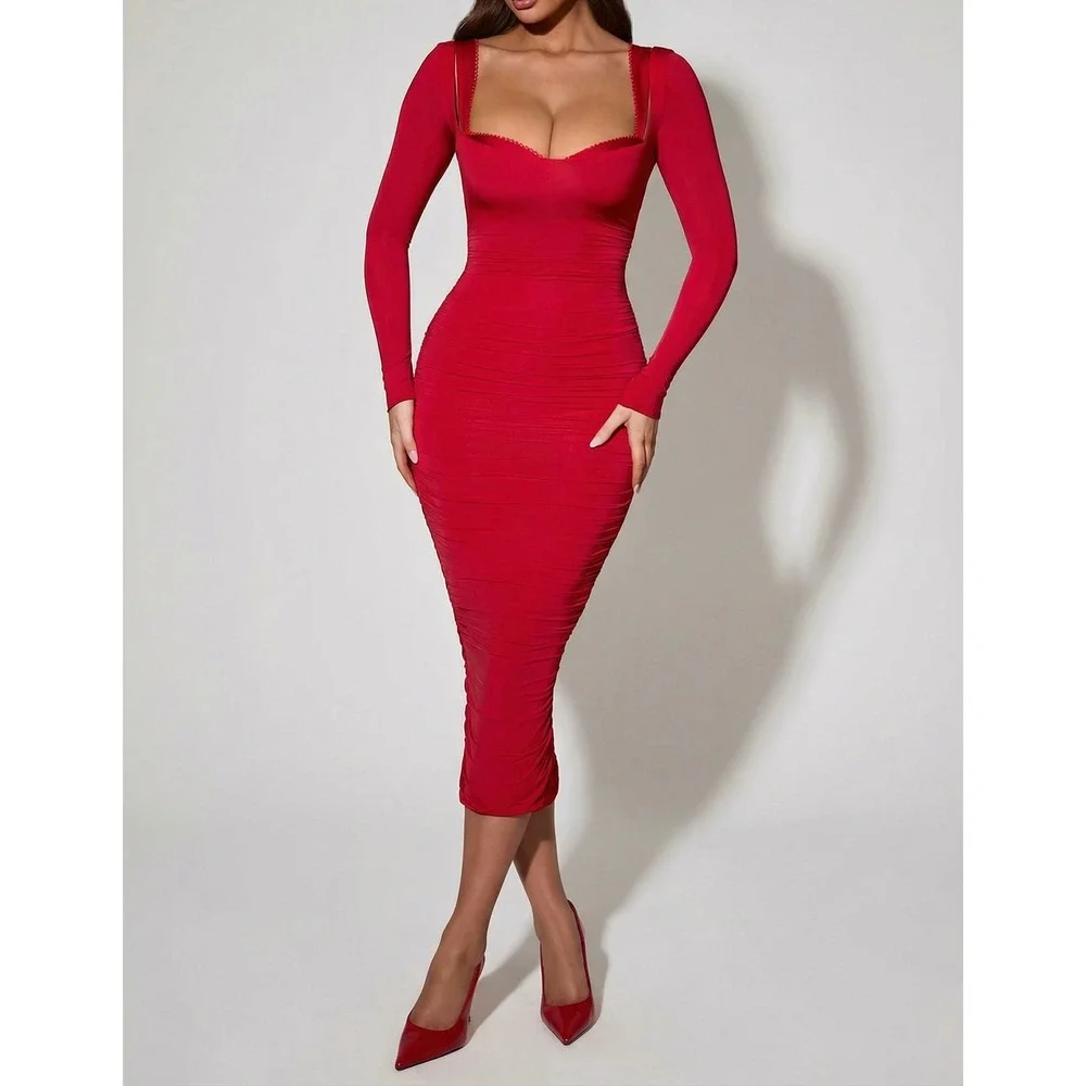 Layered Bra-Detail Ruched Midaxi Dress in Red - 4 / Regular | Oh Polly Layered Bra-Detail Ruched Midaxi Dress in Red - 4 / Regular | Oh Polly